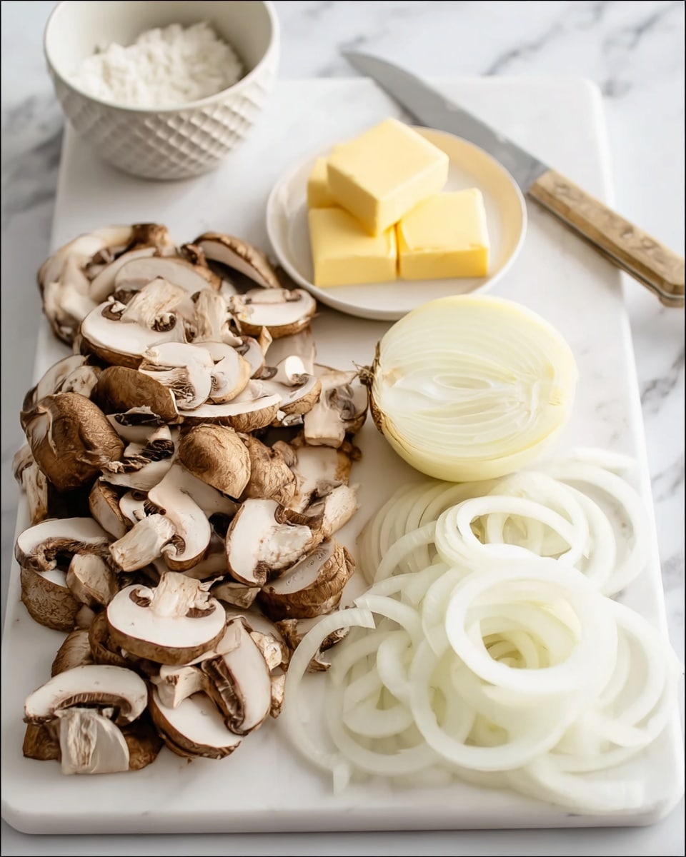 The image shows a white marble surface with a white cutting board placed on it. On the board, there are three main layers: a large pile of sliced brown mushrooms on the left with light brown caps and white undersides; next to the mushrooms on the right, thin white onion rings are spread out in a layered circular shape; above these slices, a half white onion with a light yellow center sits, showing its circular layers. In the top center of the board is a small white plate holding two square blocks of bright yellow butter. Behind the board, a white bowl with a honeycomb pattern holds a white powder, likely flour. The scene is well lit and clear, photo taken with an iphone --ar 4:5 --v 7