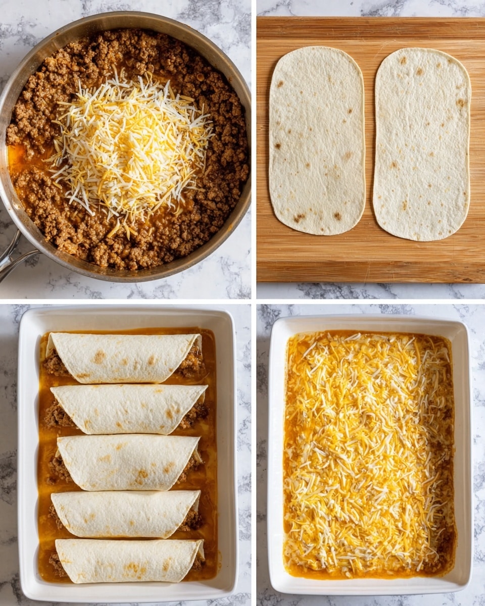 The image shows four steps of making a baked enchilada dish placed on a white marbled surface. In the first step, there's a round pan filled with cooked ground meat mixed with orange sauce, topped with a pile of shredded yellow and white cheese in the center. The second step shows two white tortillas laid flat on a wooden board, each covered halfway with the cooked meat and sauce mixture, spread evenly. The third step displays a white rectangular baking dish with seven rolled tortillas placed side by side, covered in a glossy layer of the orange sauce underneath. The last step shows the same white baking dish with all the rolled tortillas fully covered with a thick layer of shredded yellow and white cheese on top, ready to be baked. photo taken with an iphone --ar 4:5 --v 7
