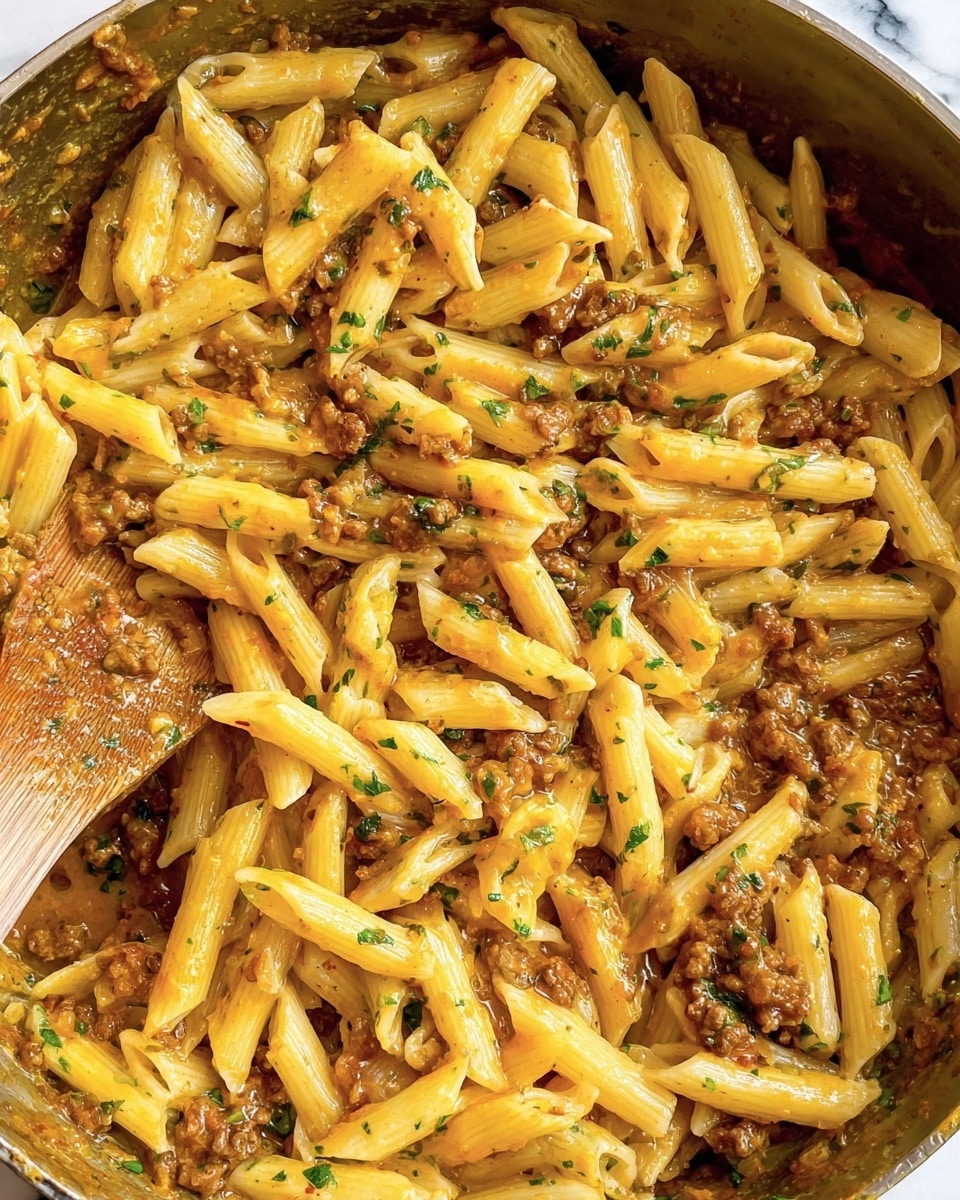 The image shows a close-up of a large pan filled with cooked penne pasta mixed with a brown sauce containing small bits of meat and green herbs evenly spread throughout. The penne is pale yellow, with a slightly glossy texture from the sauce coating each piece. Small green flecks of herbs are scattered across the pasta and sauce, adding bits of color. A wooden spatula is partially visible in the bottom left corner, blending with the sauce. The background is a white marbled texture. Photo taken with an iphone --ar 4:5 --v 7