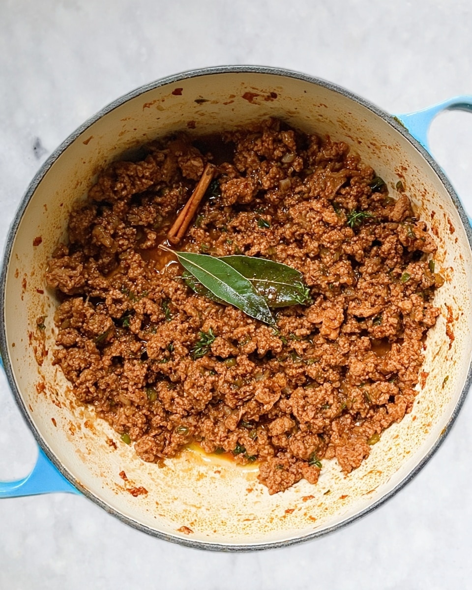 The image shows a round white pot with light blue handles on both sides, sitting on a white marbled surface. Inside the pot is cooked ground meat mixed with finely chopped onions and herbs, creating a chunky, brownish-red mixture that fills most of the pot but leaves a small center gap revealing the pot's white bottom. Among the meat mixture on the upper left side, a single green bay leaf and a brown cinnamon stick lay on top. The food looks hot, with slight steam rising above it. photo taken with an iphone --ar 4:5 --v 7