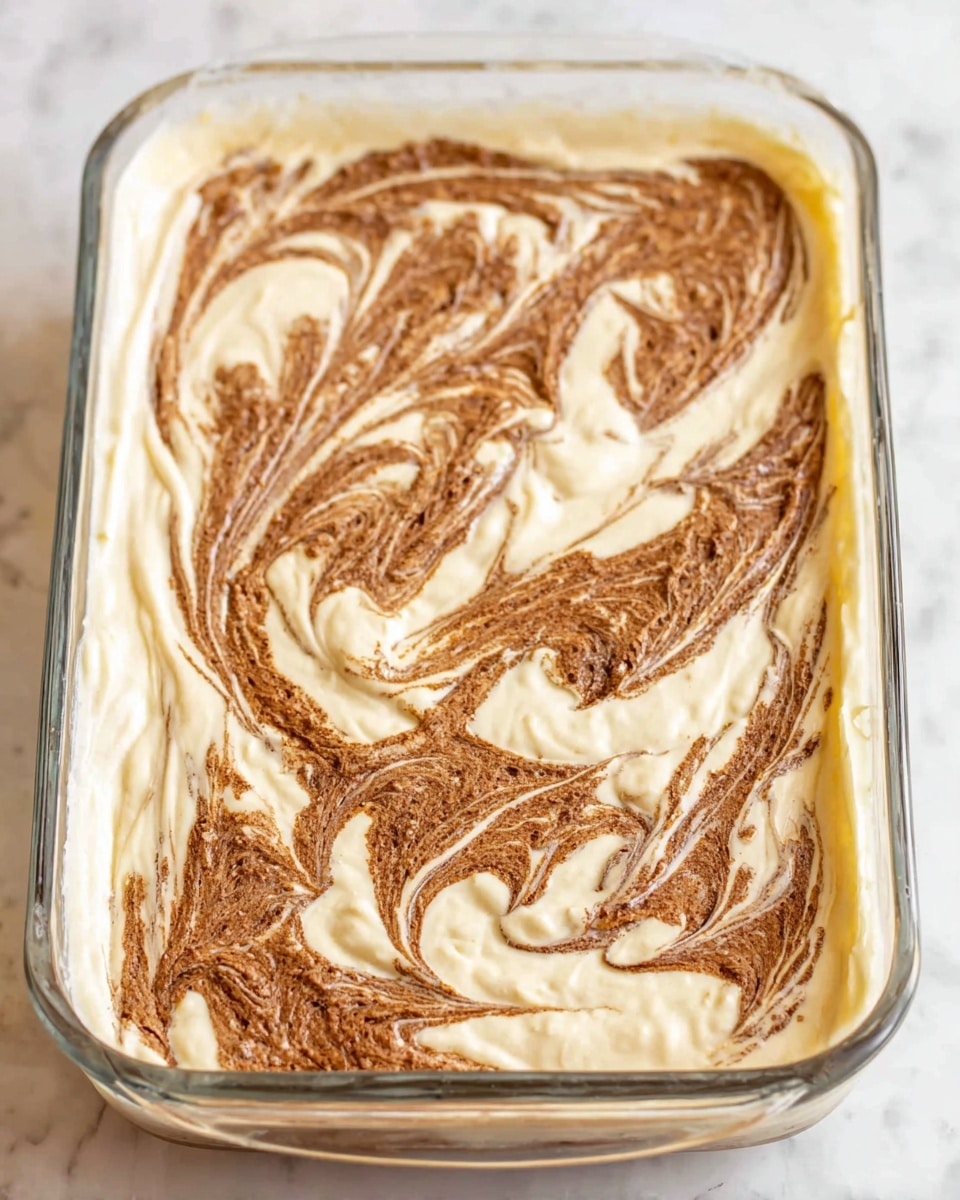 The image shows a glass baking dish filled with two layers of batter swirled together. The base layer is smooth and creamy off-white in color, while the top layer is a textured light brown with a slightly rough appearance. The brown layer is swirled artistically into the off-white batter, creating a marbled pattern with streaks and waves running diagonally across the dish. The dish sits on a white marbled surface. photo taken with an iphone --ar 4:5 --v 7
