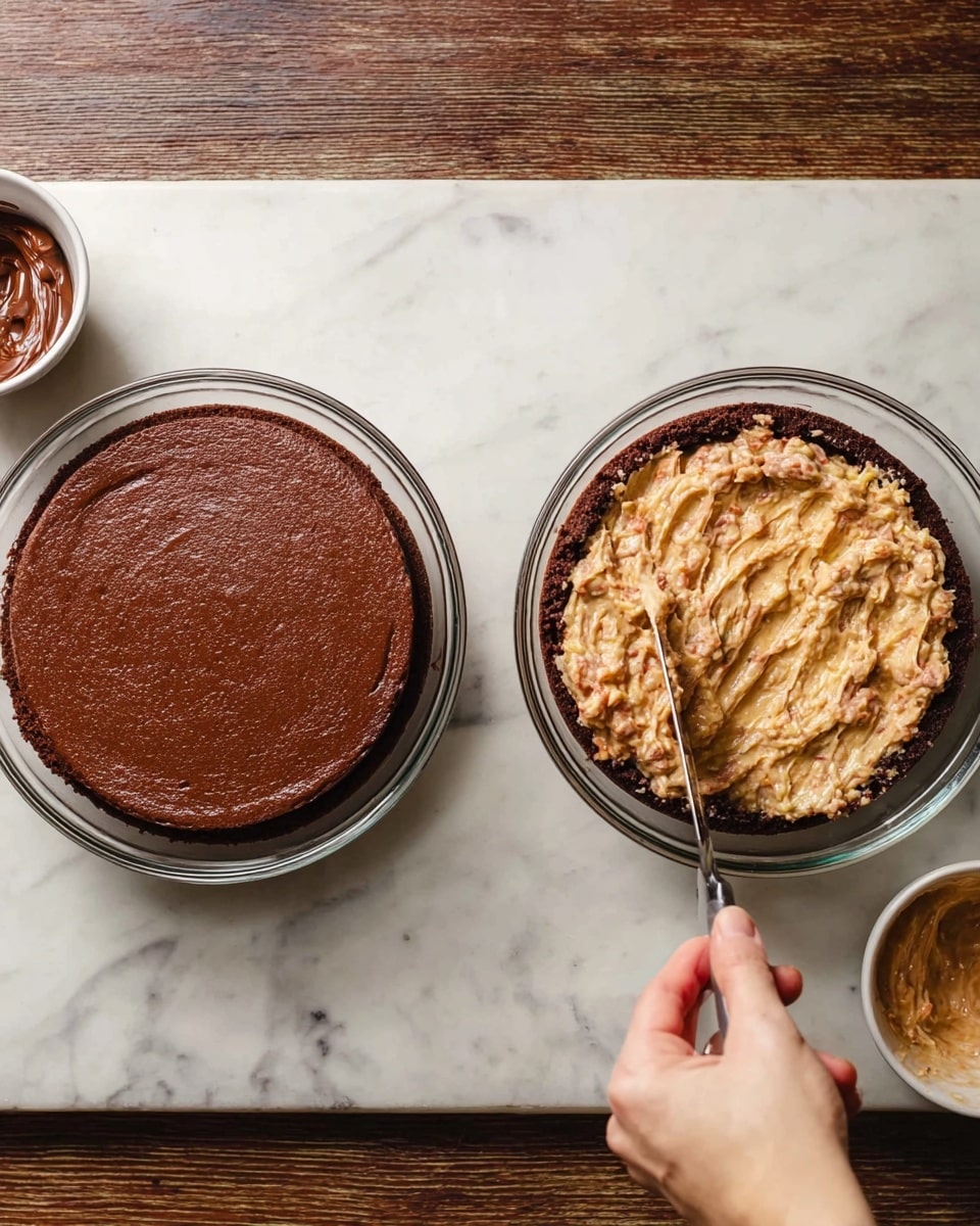 The image shows two clear glass bowls with layers of dessert inside, placed on a white marbled surface. On the left, a single smooth, round, dark brown cake layer fills the bowl. On the right, a dark brown cake layer is topped with a thick, light brown layer that has a chunky texture with visible bits, spread evenly. A woman's hand holding a knife is spreading the top layer in the right bowl. In the top part of the image, two small white bowls are visible, one filled with a dark brown creamy mixture. Photo taken with an iphone --ar 4:5 --v 7