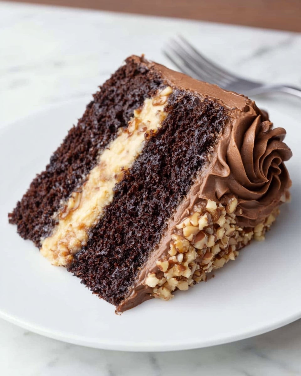 A slice of cake with two thick dark brown layers of soft-looking chocolate sponge bookend a middle layer of creamy, light tan filling mixed with small pieces of nuts. The same nutty filling decorates the outer bottom edge of the slice, while the top edge is covered with smooth, medium brown frosting formed into a swirl on one side. The slice sits on a white plate on a white marbled surface. photo taken with an iphone --ar 4:5 --v 7