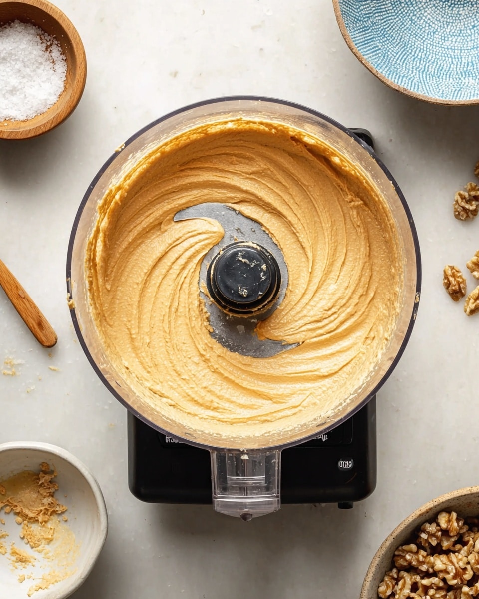 A clear food processor bowl filled with smooth, creamy light brown hummus, with visible swirls created by the blade in the center, sits on a black base on a white marbled surface. Surrounding the food processor, there is a small white bowl with some crumbs inside at the bottom left, a wooden bowl holding coarse salt with a wooden spoon inside at the top left, and a blue and white bowl at the top right. Part of a white bowl with walnuts is seen at the bottom right. photo taken with an iphone --ar 4:5 --v 7