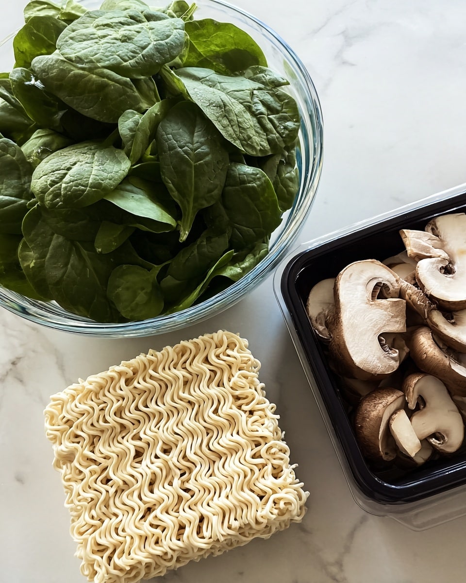 The image shows three food ingredients arranged on a white marbled surface: a square block of uncooked pale yellow instant ramen noodles with a wavy texture is placed in the bottom left; a transparent glass bowl filled with fresh, dark green spinach leaves with smooth and slightly crinkled textures sits behind the noodles; and a black plastic container holding sliced mushrooms with brown caps and white flesh is positioned to the right of the noodles. The colors range from cream to various shades of green and brown, with a clean, simple layout. photo taken with an iphone --ar 4:5 --v 7