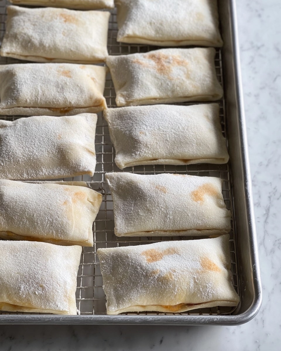 The image shows a metal wire tray filled with evenly spaced small rectangular dough parcels. Each piece has a lightly dusted flour white surface with a soft, slightly puffy texture. They have a folded flap on top, creating a small lip near the center, making each piece look like a sealed pouch. The dough parcels have some faint golden brown spots under the flour layer, indicating they might be baked or toasted lightly. The background is a white marbled texture. Photo taken with an iphone --ar 4:5 --v 7