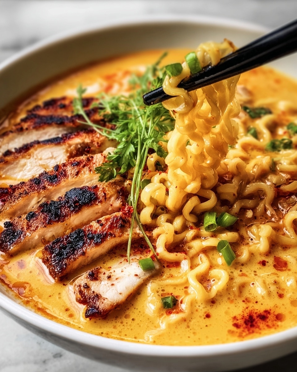 A white bowl filled with a soup that has thick, curly yellow noodles soaked in a rich, creamy broth with light orange color. On the left side of the bowl, there are several slices of browned, grilled chicken with a crispy, charred outside and tender white inside. Scattered over the soup are small green onion pieces and a sprinkle of bright red spice near the chicken slices. A pair of black chopsticks is lifting some of the noodles from the broth, with a sprig of green herbs on top. The bowl is set on a white marbled surface. Photo taken with an iphone --ar 4:5 --v 7