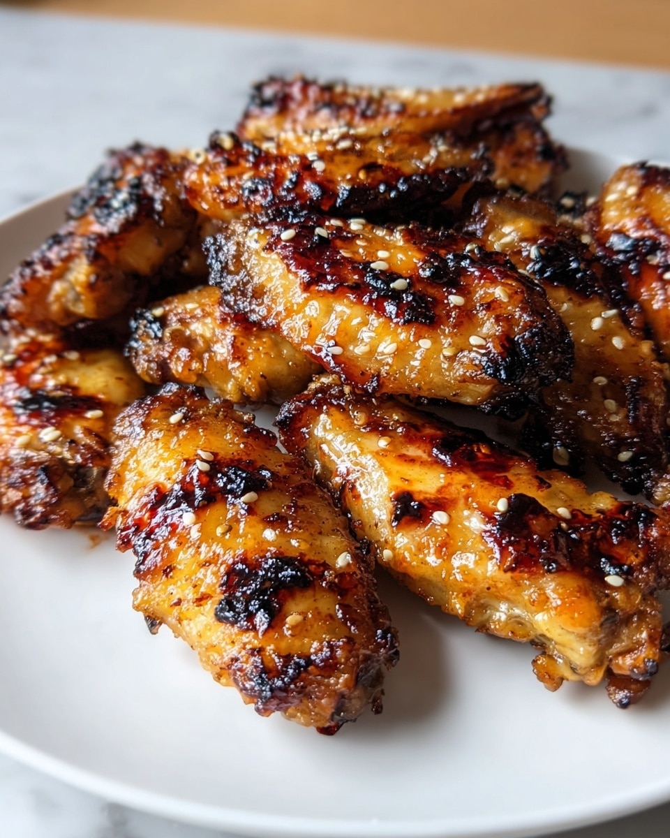 A white plate holds a pile of grilled chicken wings arranged closely together, showing three layers of wings slightly overlapping. The wings are golden brown with a shiny, sticky glaze and have dark char marks scattered unevenly across the surface, creating a contrast between the glowing caramelized areas and the blackened spots. Small sesame seeds are visible on the wings, adding texture. The plate is placed on a white marbled surface that is subtly visible around its edges. photo taken with an iphone --ar 4:5 --v 7
