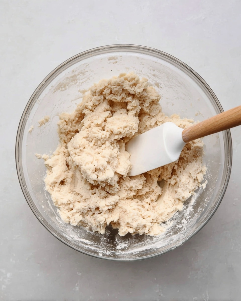 In the image, there is a clear glass bowl filled with light beige, crumbly dough that looks softly mixed with some dry flour visible on the edges. A white spatula with a wooden handle is resting inside the bowl, partially covered with the dough mixture. The bowl is placed on a surface with a white marbled texture, creating a clean and simple background. The overall feel is of a dough mixture just formed, not yet smooth or fully combined. photo taken with an iphone --ar 4:5 --v 7