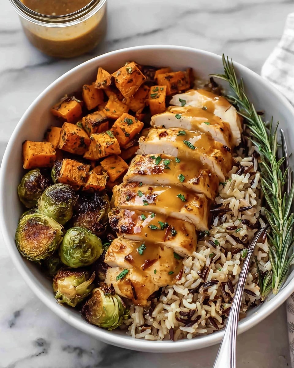 A white bowl with four main layers: the base layer is a mix of brown and wild rice with a slightly rough texture, covering the whole bottom; on the left side, there are bright orange chunks of sweet potato mixed with brown toasted pecans, both showing a firm texture; the right side has halved Brussels sprouts with a green and browned charred look; in the center, sliced grilled chicken with a white and lightly browned surface is arranged neatly on top of the rice, all topped with a smooth light brown sauce drizzled over the chicken and some of the vegetables, with small green herb sprinkles on top. The bowl sits on a white marbled surface photo taken with an iphone --ar 4:5 --v 7