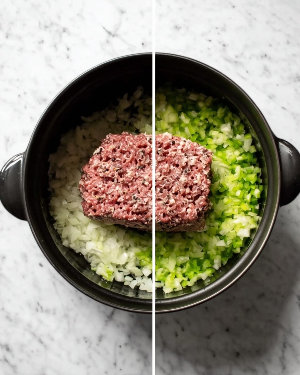 The image shows a black cooking pot placed on a white marbled surface. On the left side of the image, the pot contains one layer of chopped onions and green bell peppers, both light-colored and finely diced, spread evenly at the bottom. On the right side, the same pot still has the same layer of onions and bell peppers, but now there is a large, raw ground meat block placed on top, with a textured and slightly shiny surface showing small bits of fat. The pot and ingredients give a fresh and simple cooking preparation look. Photo taken with an iphone --ar 4:5 --v 7