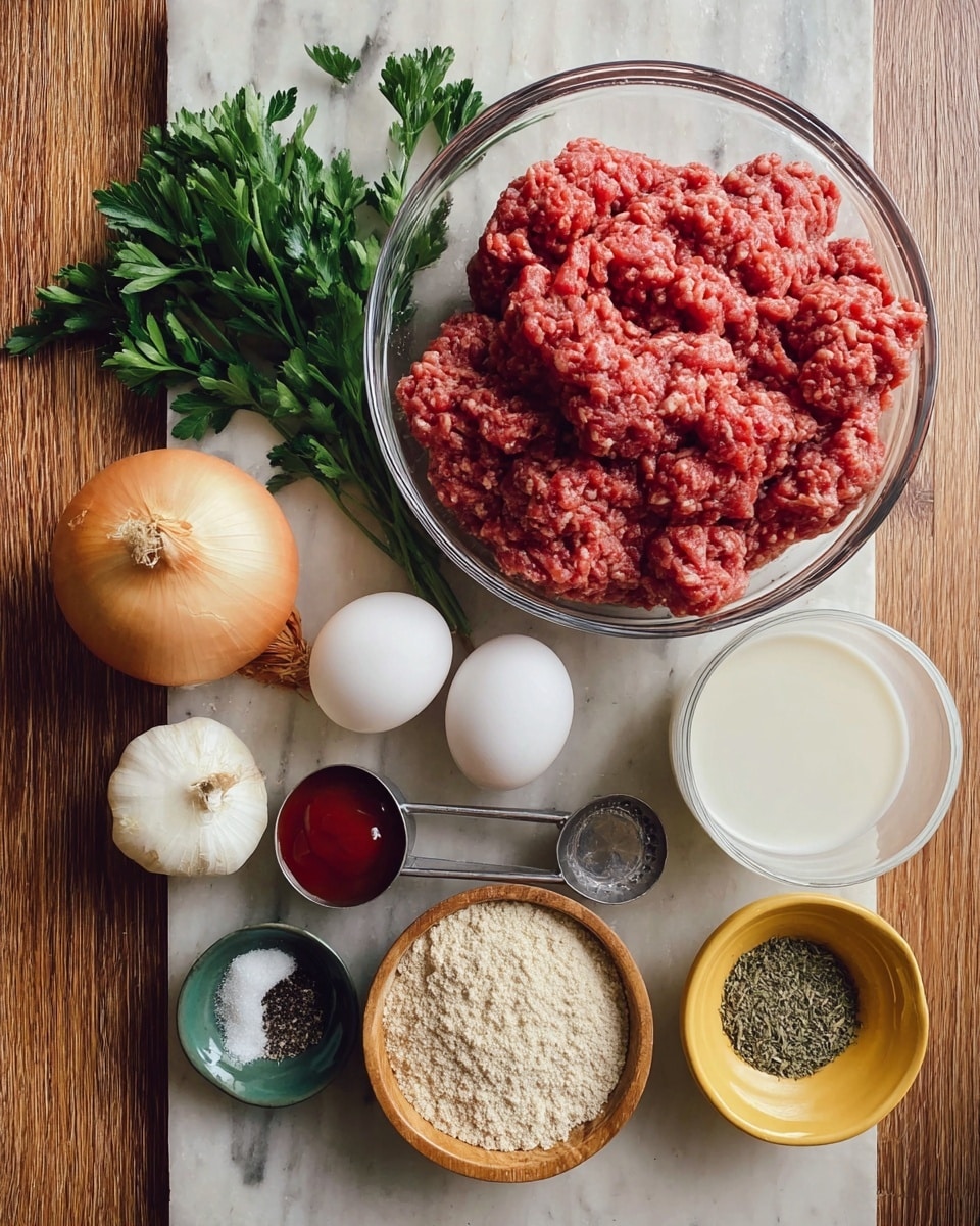 A clear glass bowl filled with red ground meat sits in the upper right on a wooden surface. Around it are two white eggs, a large yellow onion, three cloves of garlic, dark green parsley sprigs, and a small glass bowl of red ketchup. Below are four small dishes: one with black pepper in a green dish, a metal measuring cup of light beige bread crumbs, a glass measuring cup with white milk, a wooden bowl with white salt, and a yellow dish containing dried green herbs. The background is a white marbled texture photo taken with an iphone --ar 4:5 --v 7