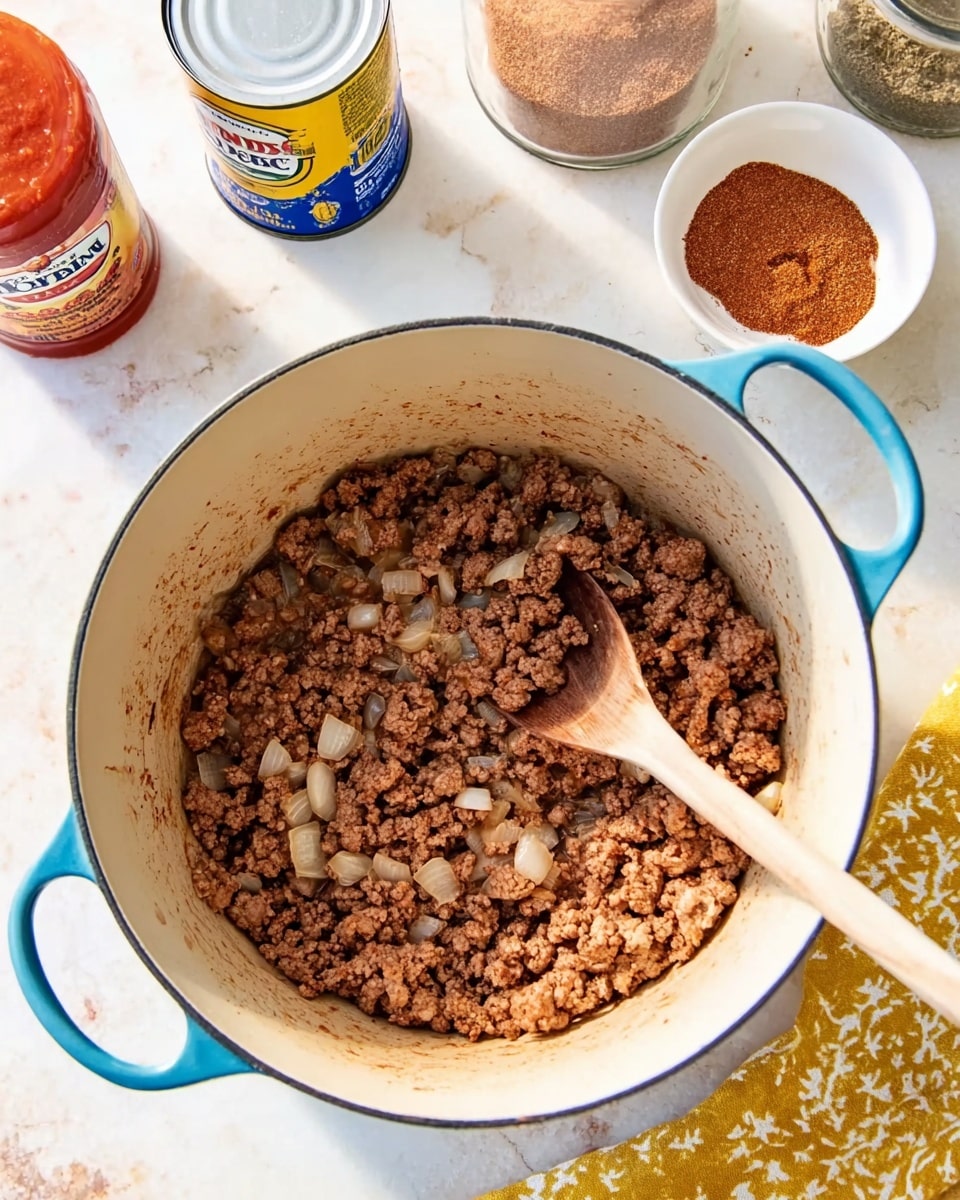 A large light blue pot with white inside holds cooked brown ground meat mixed with small pieces of light translucent onion. A wooden spoon rests on the meat on the right side of the pot, as if about to stir. The pot sits on a white marbled surface. Around the pot, there is an open can of red tomato sauce on the top left, a can of brown beans with a yellow and blue label on the top center, and a small white bowl with reddish-brown ground spices with a copper spoon inside it on the top right. Next to the bowl is a glass jar with a similar ground spice. A yellow and white patterned cloth is partially visible on the bottom right. Photo taken with an iphone --ar 4:5 --v 7