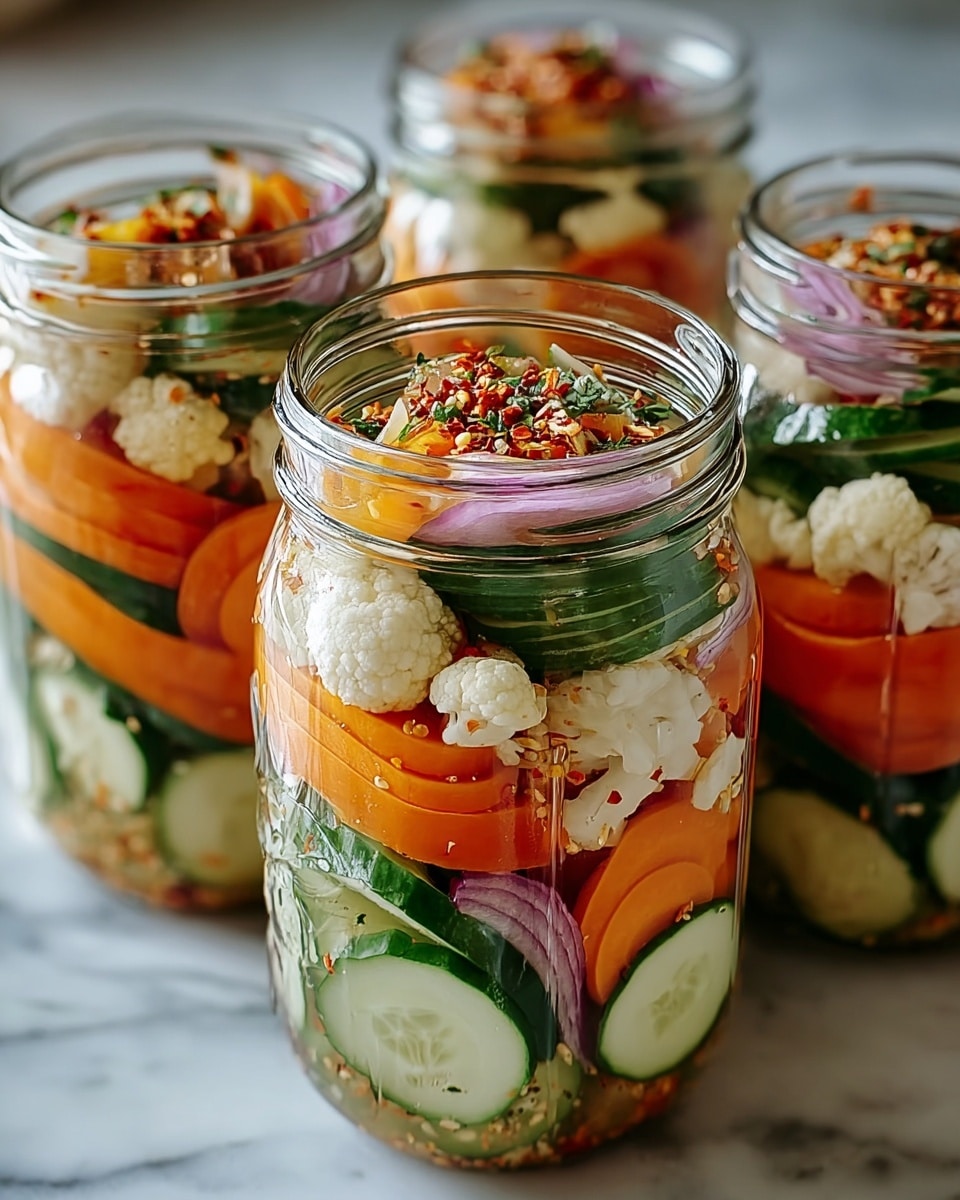 Five clear glass jars filled with layers of pickled vegetables sit on a white marbled surface. Each jar has thick slices of green cucumbers, thin sandwiched orange carrot rounds, and small white cauliflower florets, mixed with pieces of red onion. The top layer features a sprinkle of crushed red chili flakes and seeds, giving a textured, colorful look. The jars are open, showing the vibrant layers and a light brine inside, with the jars arranged closely together. Photo taken with an iphone --ar 4:5 --v 7