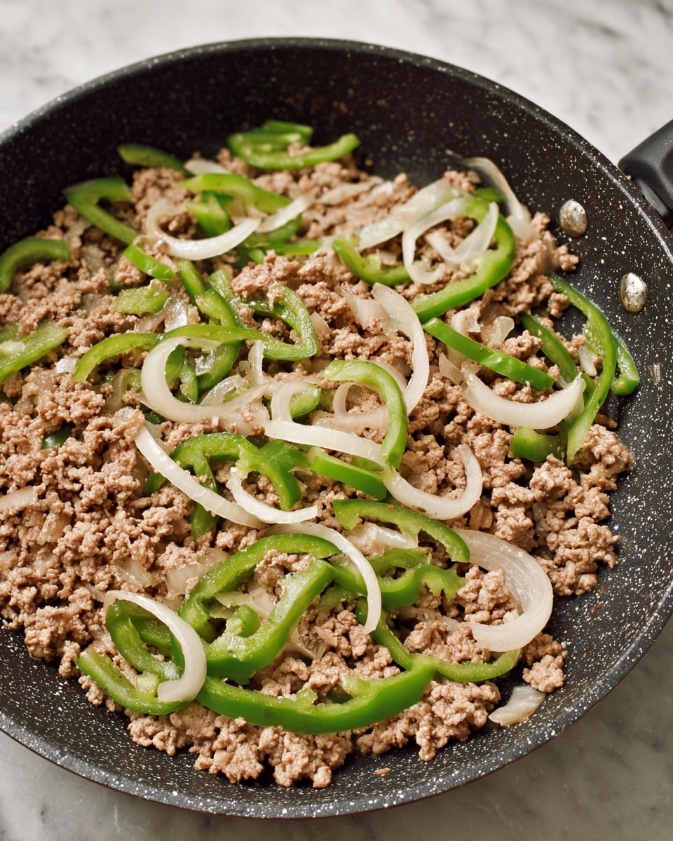 The image shows a black speckled frying pan filled with cooked ground meat mixed with white onion rings and sliced green bell peppers. The meat is a light brown color with a crumbly texture, and the onions and peppers are scattered evenly throughout, adding contrast with their smooth, curved shapes and vibrant green and white colors. The pan sits on a white marbled surface. photo taken with an iphone --ar 4:5 --v 7