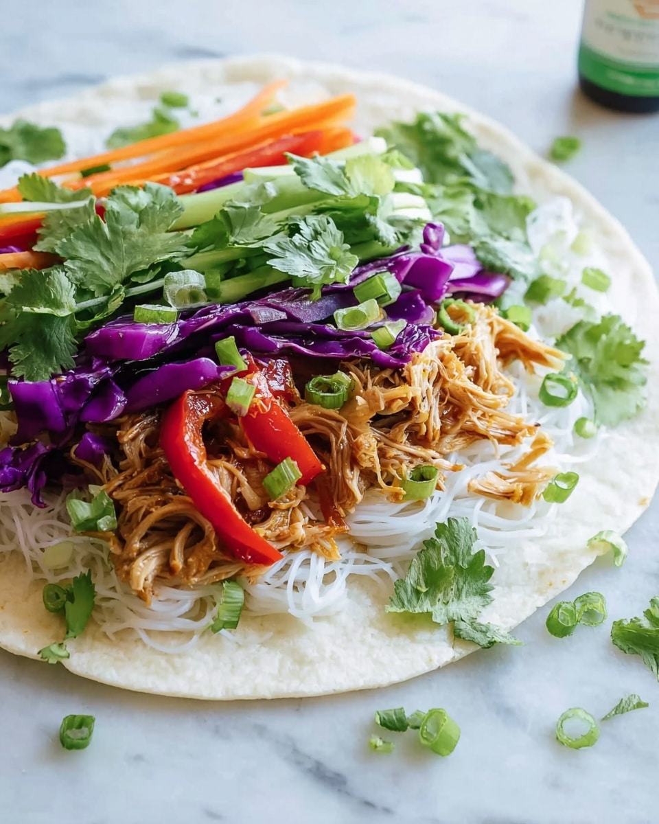 The image shows a white soft tortilla flat on a white marbled surface, layered with thin white rice noodles as the base. On top of the noodles is a portion of cooked golden-brown shredded meat, slightly shiny. There are thin orange carrot strips and slices of red bell peppers arranged above the meat. Fresh, bright purple cabbage strips are layered next, followed by green slices of spring onions scattered on top. Fresh green cilantro leaves are placed over the entire stack, adding a fresh, leafy touch. The layers create a colorful and fresh appearance, with the mix of soft, crunchy, and leafy textures clearly visible. photo taken with an iphone --ar 4:5 --v 7