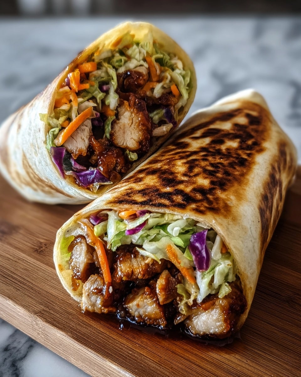 The image shows two halves of a toasted wrap placed on a wooden board. The wrap outer layer is golden brown with some darker crisp spots. Inside, layers include grilled pieces of dark brown, shiny chicken coated with sauce at the bottom, followed by fresh shredded lettuce, thin orange carrot strips, and bits of purple cabbage on top. The wrap is cut open at the ends, making the colorful filling visible. The setting features a blurred white marbled surface in the background. Photo taken with an iphone --ar 4:5 --v 7