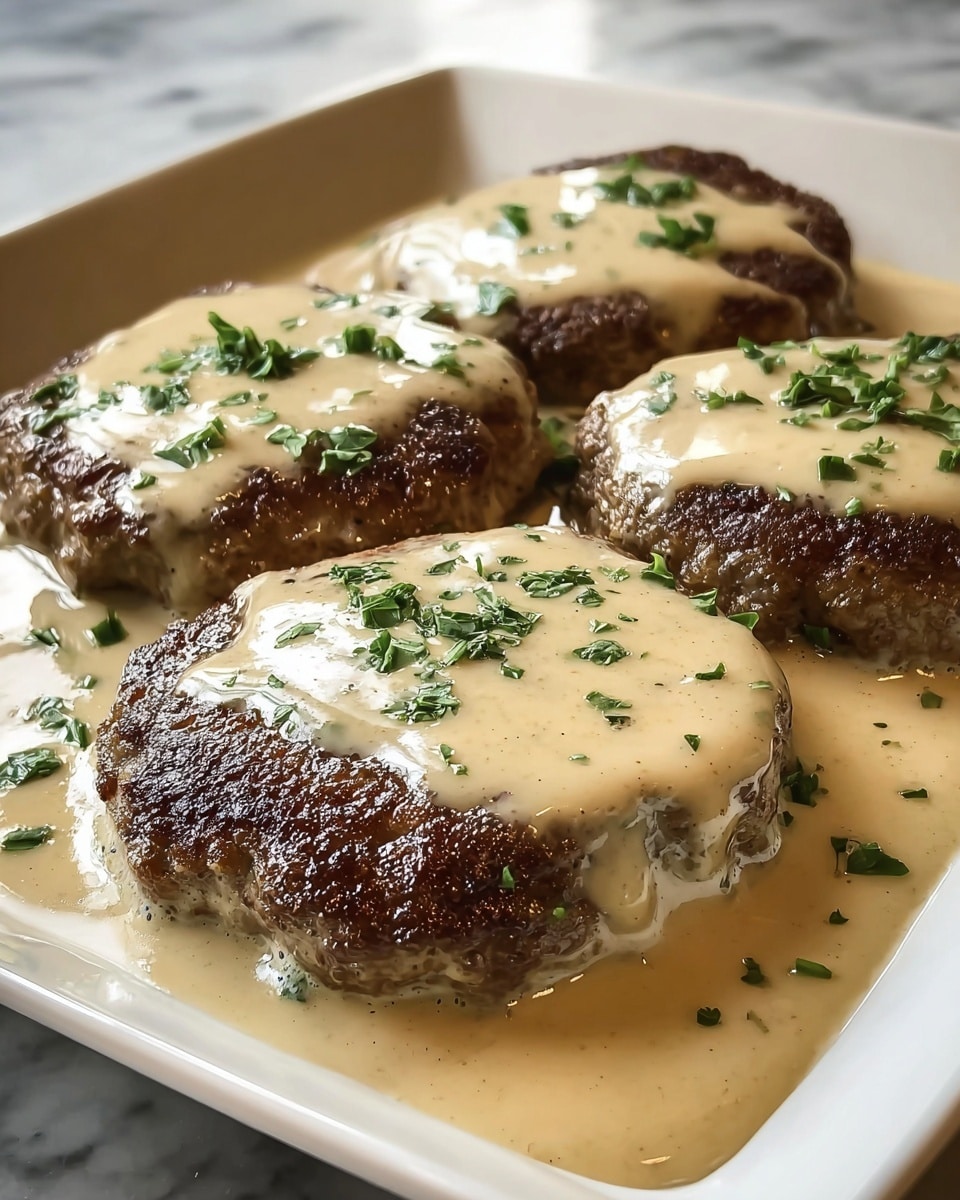 The image shows four browned patties arranged on a white square plate, each patty covered with a creamy, light beige sauce that spreads around and pools slightly at the base. The patties have a textured surface with some darker seared spots. On top of each patty, there are small pieces of finely chopped green herbs sprinkled evenly, adding contrast to the light sauce. The background features a white marbled texture. photo taken with an iphone --ar 4:5 --v 7