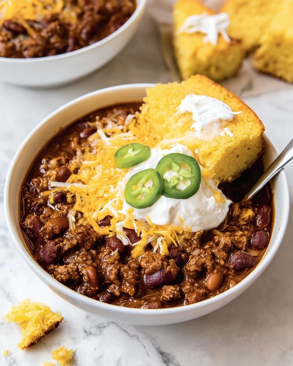 A white bowl filled with three main layers: the bottom layer is dark brown chili mixed with beans and ground meat, the middle layer is melted yellow shredded cheddar cheese sprinkled over the chili, and the top layer consists of a dollop of white sour cream with two green jalapeño slices on it. On the right edge of the bowl, there is a piece of yellow cornbread with a spread of white butter on top, and some broken cornbread crumbs scattered nearby. The bowl is placed on a white marbled surface, with another similar bowl blurred in the background. Photo taken with an iphone --ar 4:5 --v 7