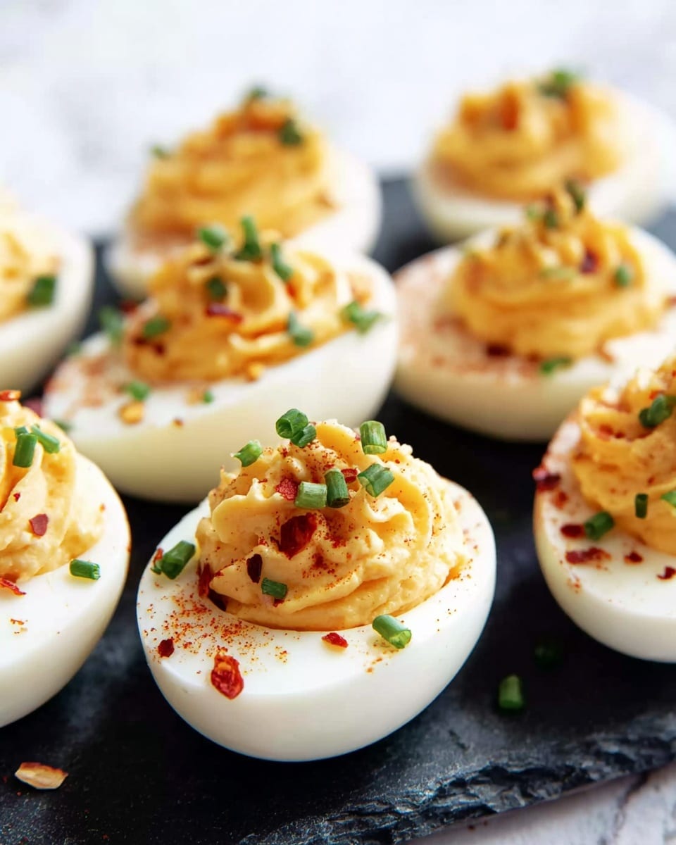 The image shows six halved boiled eggs arranged closely on a black slate. Each halved egg has a smooth, bright white outer layer of egg white shaped like a small bowl. Inside, there is a fluffy, creamy yellow-orange yolk mixture, swirled with a soft texture and slightly uneven peaks. The yolk filling is topped with finely chopped green chives and small red chili flakes scattered on top, adding color contrast. The background is a soft white marbled texture, softly blurred to keep focus on the eggs. photo taken with an iphone --ar 4:5 --v 7