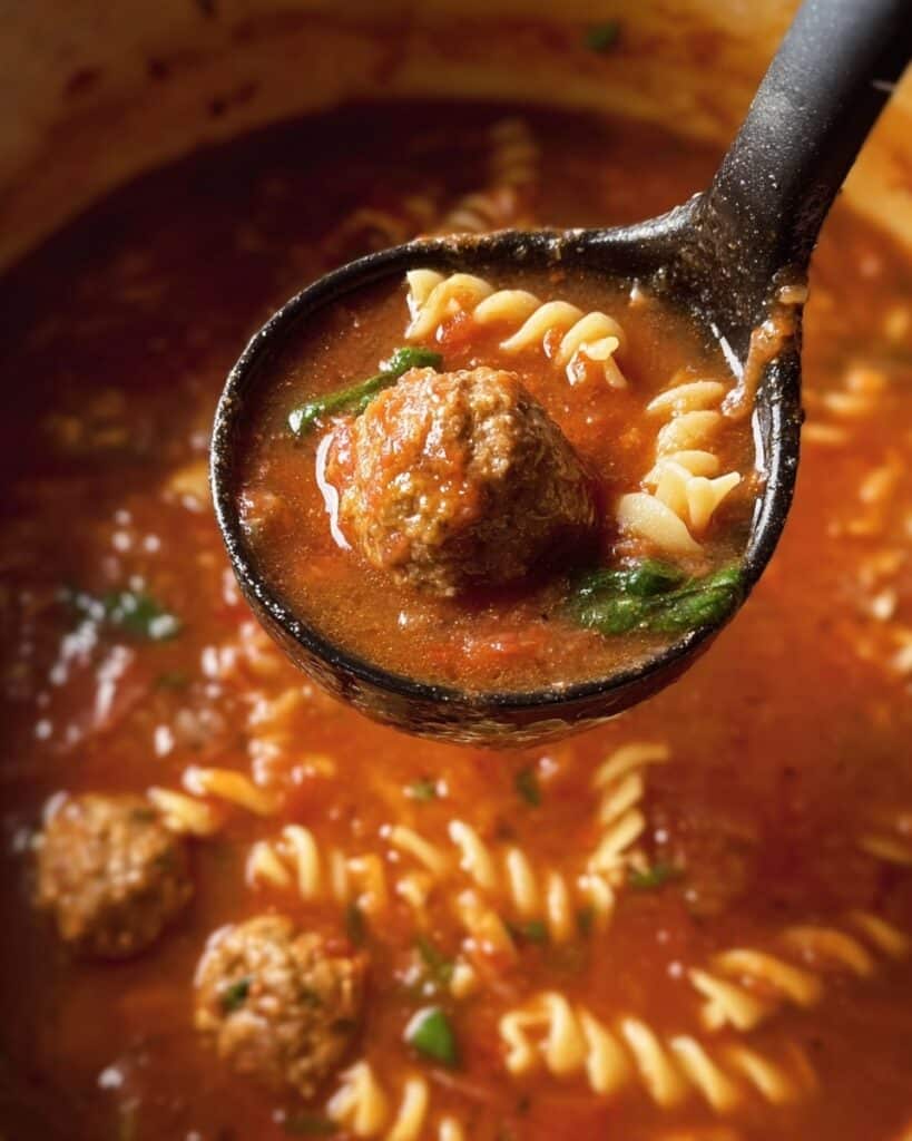 Meatball Soup with Fusilli, Tomatoes, and Fresh Basil Recipe