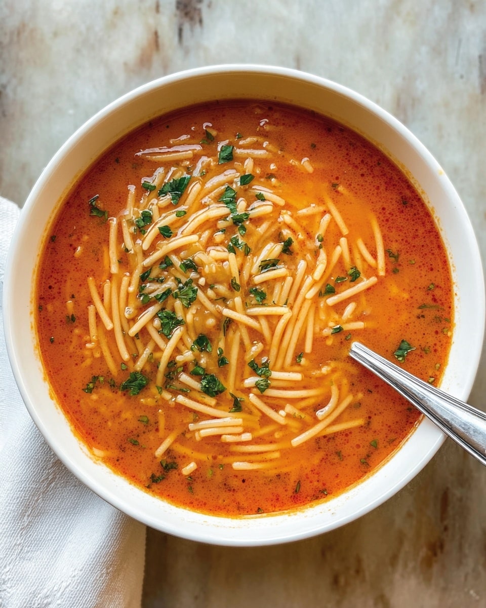 A white bowl filled with a warm orange-red soup containing small pieces of short spaghetti noodles. The soup has a smooth texture with some visible spices swirling in the broth. Green chopped herbs are scattered on top for garnish. A silver spoon is placed in the soup near the right edge of the bowl. The bowl is set on a white marbled surface with a white napkin nearby. Photo taken with an iphone --ar 4:5 --v 7