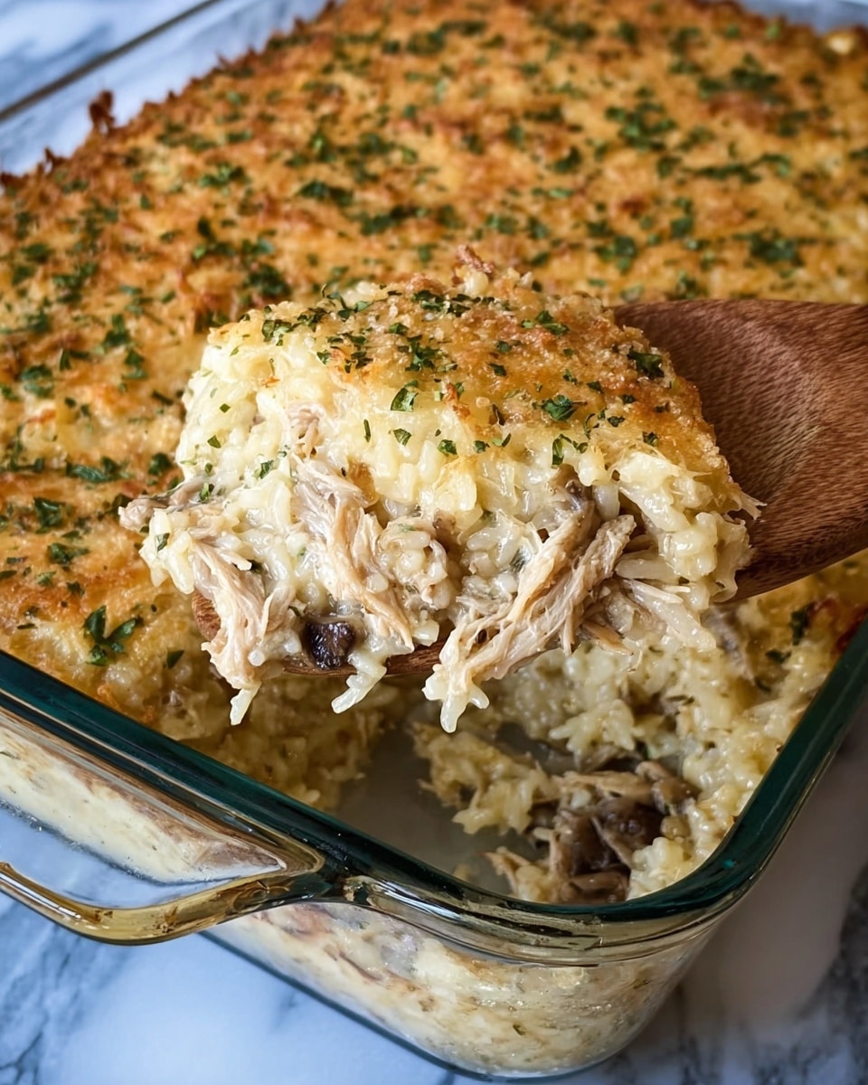 The image shows a glass baking dish filled with a creamy rice casserole that has a golden brown top layer sprinkled with green herbs. The top layer is slightly crispy and textured with a mix of brown and light beige tones. A wooden spoon is scooping a portion from the dish, revealing the inside layers of tender rice mixed with shredded meat and mushrooms, all coated in a creamy sauce with a soft texture. The dish is set on a white marbled surface. photo taken with an iphone --ar 4:5 --v 7