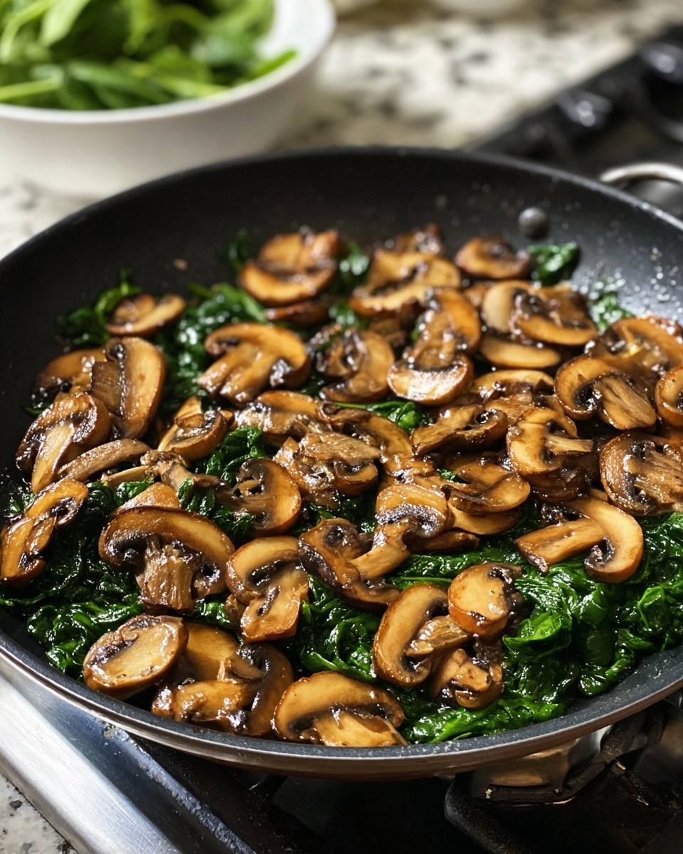 A close-up view of a black frying pan filled with cooked sliced mushrooms on top of cooked dark green leafy spinach, all lightly shiny with oil. The mushrooms are golden brown and spread evenly across the single layer above the spinach, which appears slightly wilted underneath. The pan sits on a stove with a blurred white marbled countertop in the background, with a white bowl partially visible containing green leaves. Photo taken with an iphone --ar 4:5 --v 7