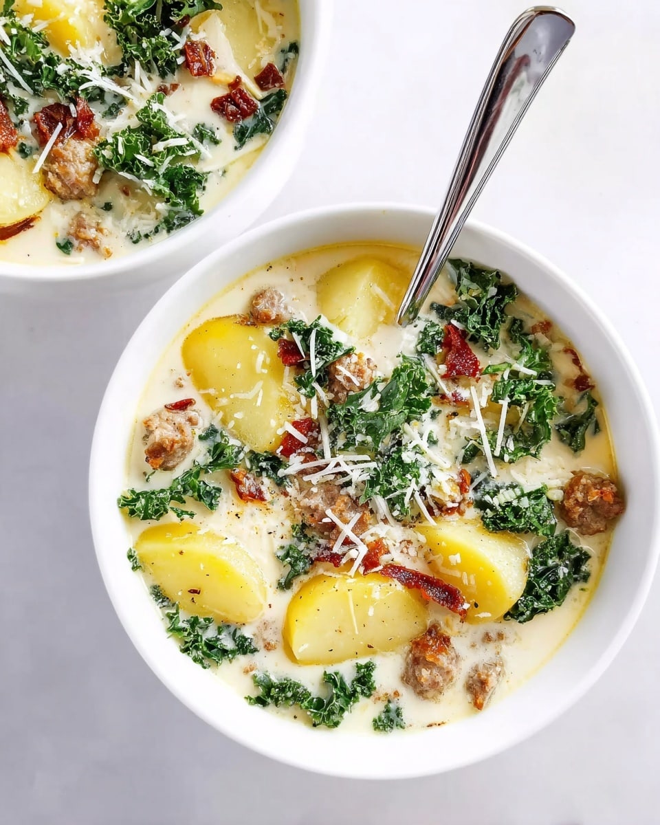 The image shows two white bowls filled with creamy soup placed on a white marbled surface. Each bowl contains layers of ingredients including yellow potato slices, green kale leaves, and small red-brown sausage chunks mixed throughout the creamy white broth. The soup is topped with fine shreds of white cheese scattered over the top. In the closer bowl, a silver spoon stands upright in the soup, emphasizing the rich texture and colorful mix of ingredients. The overall look is warm and hearty, with natural light highlighting the creamy broth and fresh veggie colors. Photo taken with an iphone --ar 4:5 --v 7