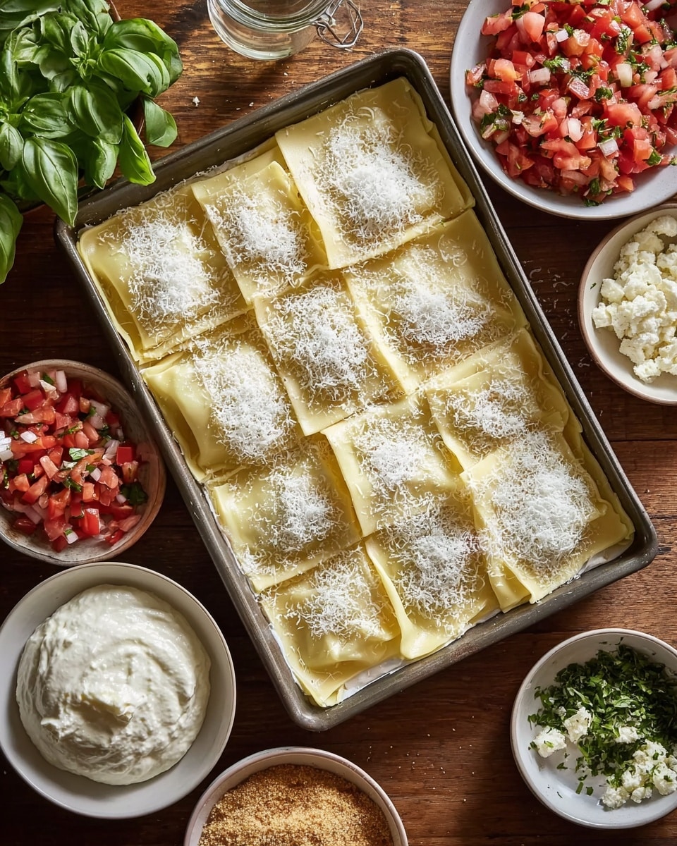 A baking tray filled with a layered dish covered with pale yellow sheets of pasta, each sheet slightly overlapping the next. The top layer is dusted with finely grated white cheese. Around the tray, on a wooden surface, are small white bowls containing different ingredients: one has bright red chopped tomatoes mixed with diced onions and green peppers, another has a soft white creamy cheese, a bowl with light brown breadcrumbs, and another with crumbly white cheese mixed with chopped green herbs. To one side, there is a bunch of fresh basil leaves next to a small glass jar of creamy white sauce. photo taken with an iphone --ar 4:5 --v 7