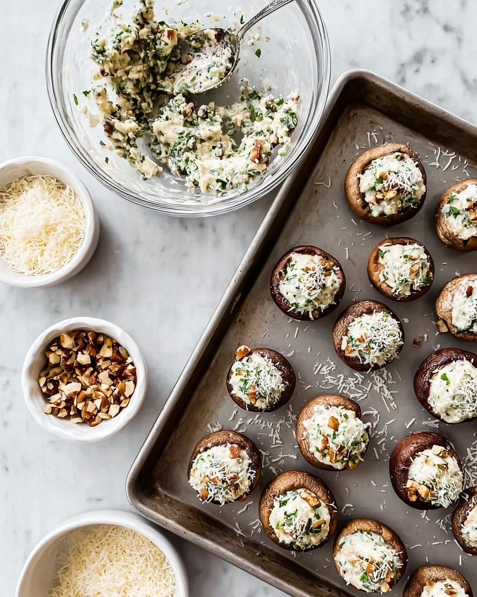 The image shows a metal baking tray on a white marbled surface, holding two rows of round mushrooms with dark brown caps. Most mushrooms are topped with a creamy white mixture containing visible green herbs and small bits of mushrooms inside. Some are sprinkled with white shredded cheese and small pieces of chopped nuts. Above the tray is a large clear glass bowl with more of the creamy herb mixture and a large silver spoon resting inside. To the left side, there are two small white bowls—one with shredded white cheese and the other with chopped nuts. Photo taken with an iphone --ar 4:5 --v 7