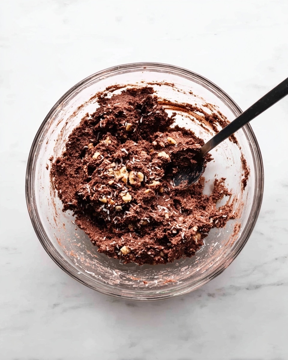 A clear glass bowl holds a thick, dark brown chocolate dough mixed with small white coconut flakes and light brown nut pieces, creating a rough and chunky texture throughout. The dough sits unevenly in the center of the bowl with some spread thinly along the sides, showing the sticky consistency. A black spoon rests partially submerged on the right side of the bowl, contrasting with the dough. The bowl is placed on a white marbled surface with faint gray veins. photo taken with an iphone --ar 4:5 --v 7
