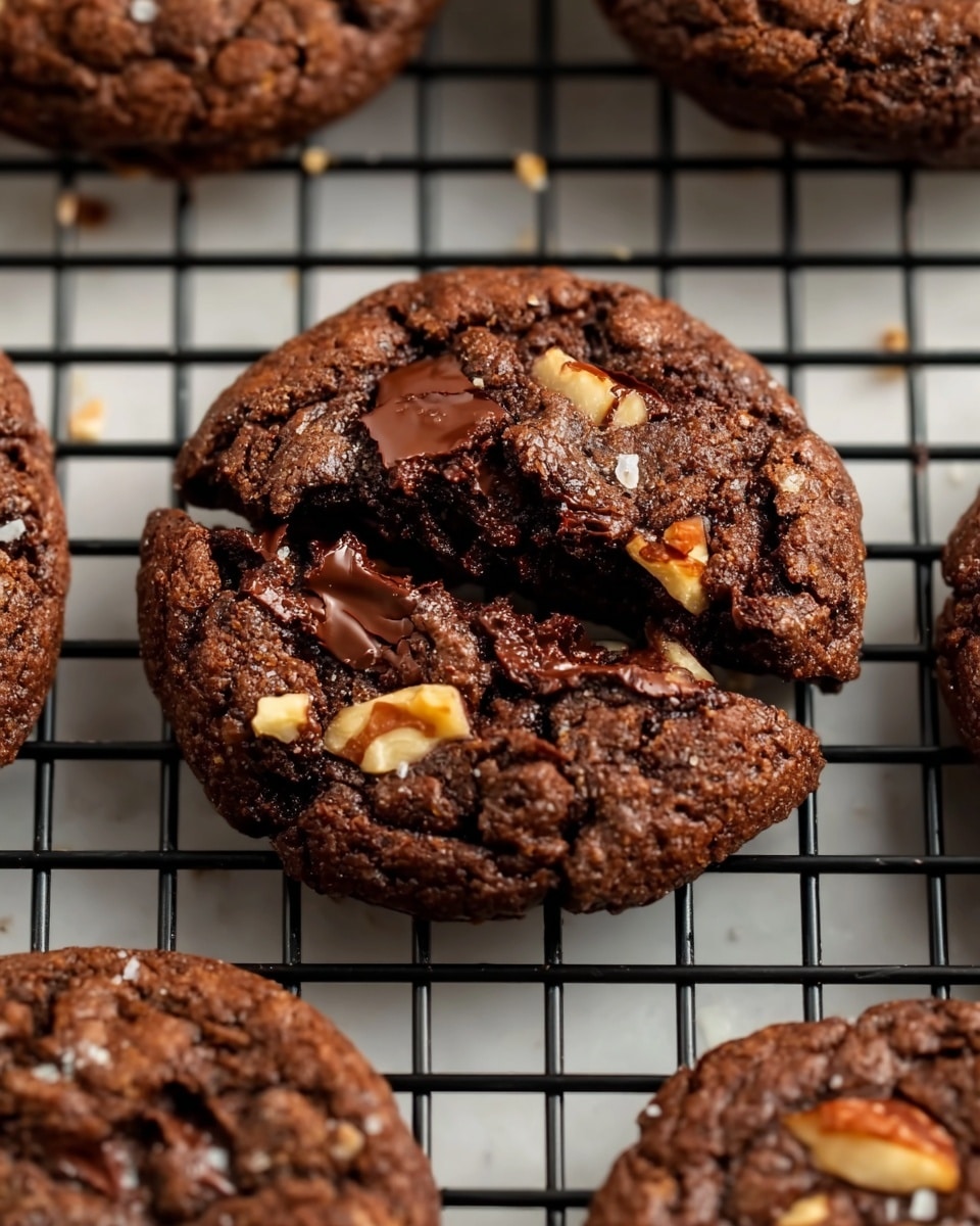 The image shows several round chocolate cookies with a rich dark brown color and a slightly rough texture, each studded with chunks of melted dark chocolate and pieces of light brown nuts. The cookies are placed on a black cooling rack that is laid over a layer of parchment paper, with the whole scene set against a white marbled surface. The cookies look thick and soft, with uneven tops showing melted chocolate spots and nut pieces scattered throughout. Photo taken with an iphone --ar 4:5 --v 7