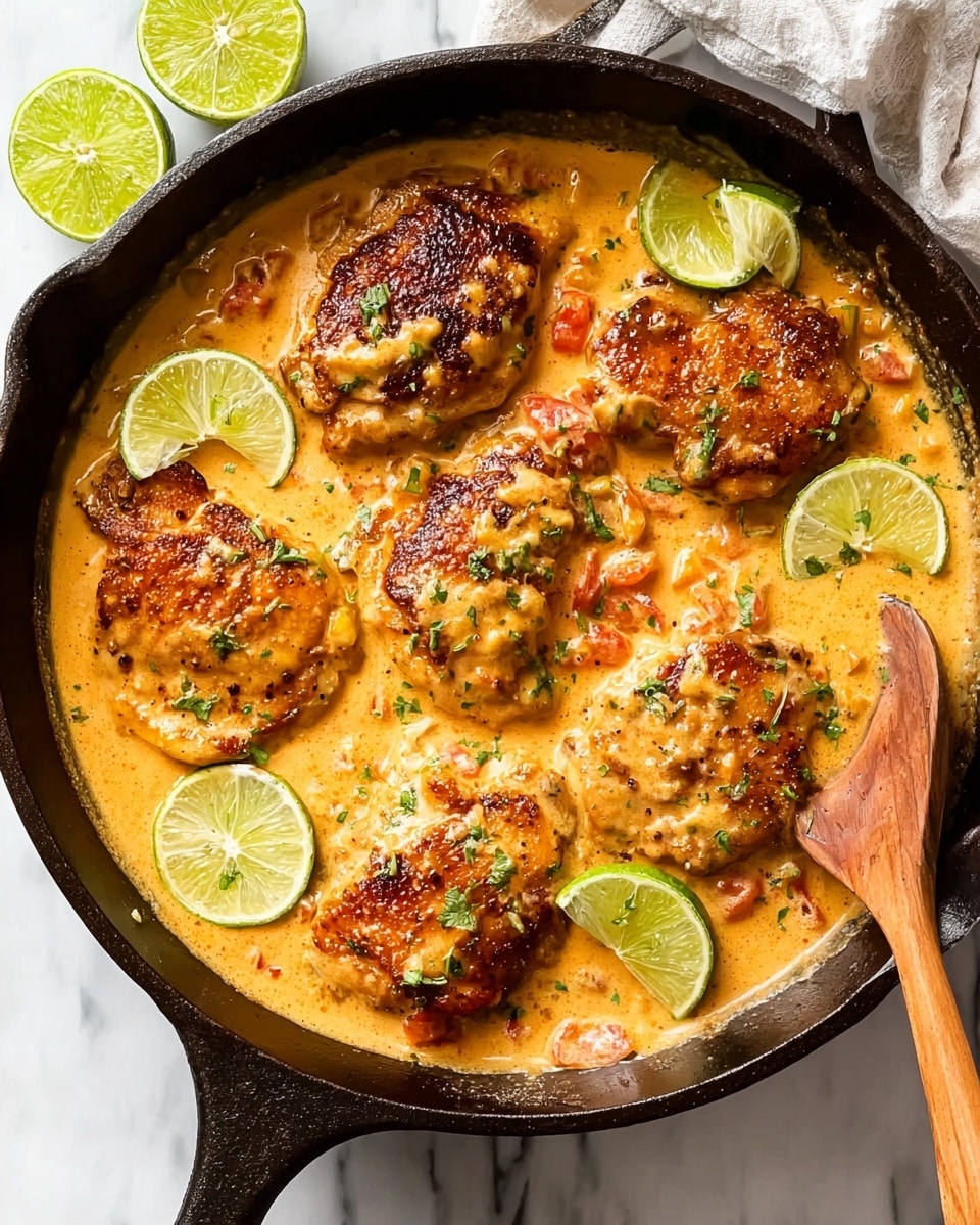 The image shows a black cast iron pan on a white marbled surface filled with five browned chicken pieces partially covered in a creamy orange sauce dotted with small bits of tomatoes and herbs. Around the chicken are several bright green lime wedges sitting on the surface of the sauce. A wooden spoon rests inside the pan on the right side. In the top left corner of the image, two more lime wedges sit on the white marbled surface. The overall scene looks warm and inviting with the creamy sauce shining under the light. Photo taken with an iphone --ar 4:5 --v 7
