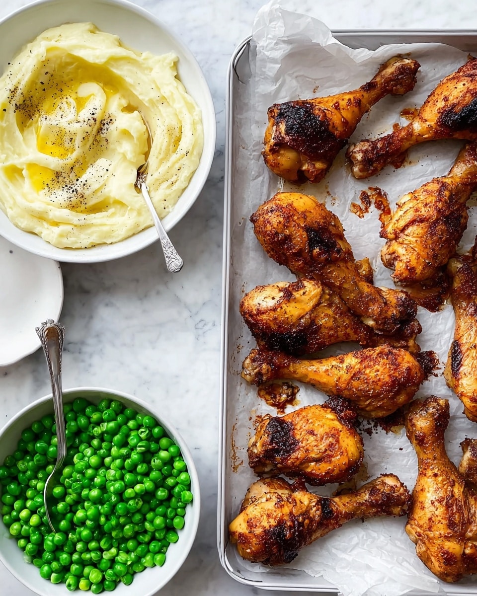 The image shows a white tray with about eleven well-seasoned golden brown roasted chicken drumsticks scattered on white parchment paper, some having darker charred spots. To the left, there is a white round bowl filled with smooth, creamy mashed potatoes topped with a small pat of melting butter and a sprinkle of black pepper. Beside it, a white bowl holds bright green peas with a silver spoon resting on top. The dishes are placed on a white marbled surface. Photo taken with an iphone --ar 4:5 --v 7