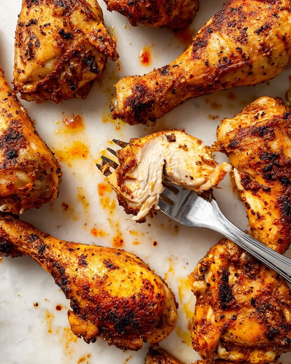 The image shows several pieces of golden-brown grilled chicken drumsticks arranged on a white marbled surface. There are around nine pieces, all with a crispy textured skin covered in spices and small blackened spots. One drumstick is held in place by a silver fork, broken open to reveal juicy, white inside meat with a smooth texture. The chicken looks tender and cooked well, with some small pools of orange oil or sauce around the pieces. The overall color palette includes warm browns, oranges, and white from the meat and surface. Photo taken with an iphone --ar 4:5 --v 7
