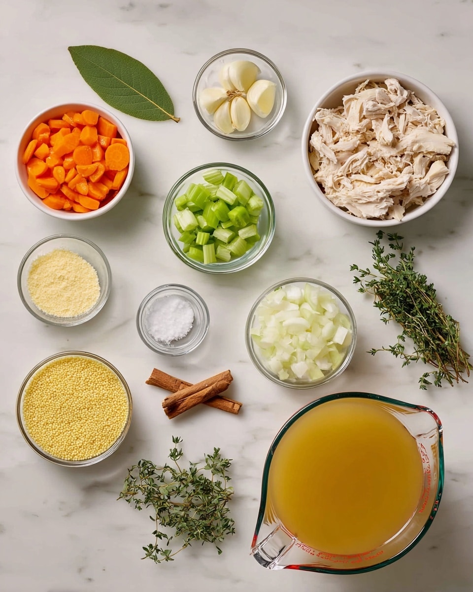The image shows a collection of ingredients neatly arranged on a white marbled surface. Starting from the top left, there is a single green bay leaf, next to a bowl of chopped orange carrots. Above the carrots is a small bowl with peeled garlic cloves. To the right, a bigger bowl contains shredded white chicken meat. Below the chicken, there is a bowl with large pieces of chopped white onion. Next to the onions, there is a small bowl with chopped green celery sticks, below which are sprigs of fresh thyme. A tiny bowl with white salt is in the middle bottom. To the left of the thyme, a small bowl contains grated light yellow cheese. Above this is a bowl filled with tiny yellow grains of dry couscous. Near the center is a medium bowl with a brown cinnamon stick. On the right side of the image, a large clear glass measuring cup holds golden chicken broth, and a small bunch of fresh green parsley lies beside it. The overall view is clear, colorful, and organized, with the ingredients ready to be cooked. photo taken with an iphone --ar 4:5 --v 7