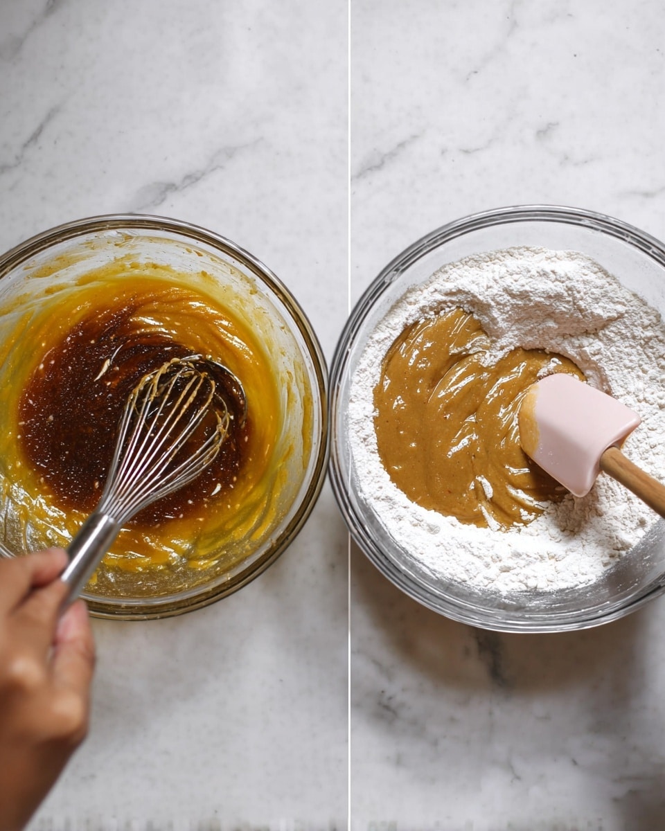 Two glass bowls are on a white marbled surface. The first bowl has a mix of dark brown and yellow liquid layers being mixed with a metal whisk, showing smooth and shiny textures. The second bowl shows a mix of thick light brown batter in the middle surrounded by white flour, with a pink spatula with a wooden handle stirring the mix. A woman's hand is holding the spatula gently. The bowls have clear glass sides and the white marbled surface contrasts nicely with the colors inside the bowls. Photo taken with an iphone --ar 4:5 --v 7