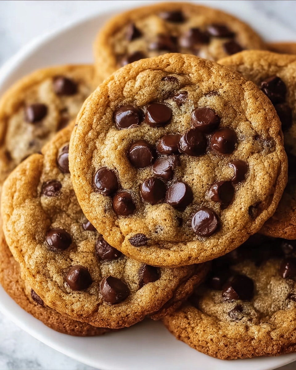 A close-up view of a stack of chocolate chip cookies on a white plate, each cookie showing a golden-brown color with a slightly crispy texture around the edges and a soft center visible through the cracks; the top cookie features several large, shiny dark chocolate chips scattered evenly across the surface, creating a contrast with the cookie dough, and the cookies underneath show similar colors and textures, slightly overlapping each other; the scene is set on a white marbled surface. photo taken with an iphone --ar 4:5 --v 7