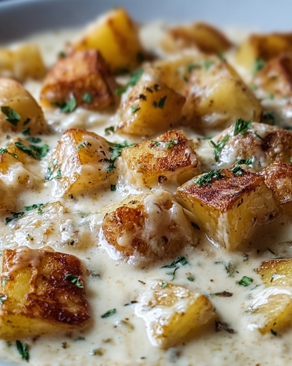 The image shows a close-up of a creamy dish with golden brown roasted potato pieces scattered throughout. The potatoes are cut into medium-sized chunks with crisp browned edges on top. The whole dish is covered in a thick, white creamy sauce that glistens under the light, with small bits of green herbs sprinkled here and there for a touch of color. The texture looks smooth and rich, mixing with the soft-looking potatoes that peek through the sauce. photo taken with an iphone --ar 4:5 --v 7