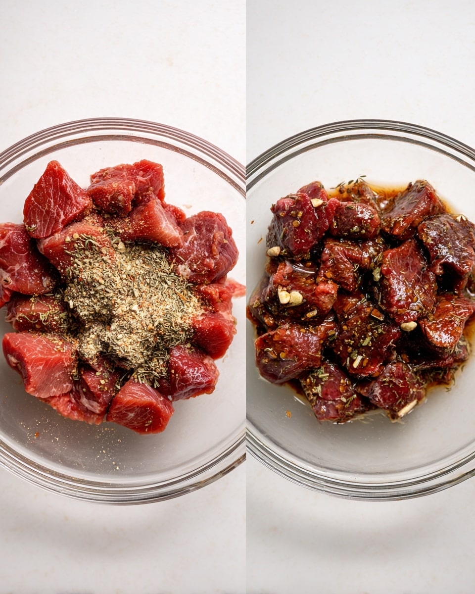 The image shows two clear glass bowls on a white marbled surface, each containing chunks of raw beef. The left bowl has bright red beef pieces covered with a layer of brown and green dried herbs and spices, sprinkled unevenly. The right bowl contains darker, marinated beef chunks, glistening with a reddish-brown sauce and mixed with flecks of herbs throughout. Both bowls are round and deep with a simple rim, showcasing the contrast between the dry seasoned meat and the wet marinated meat. photo taken with an iphone --ar 4:5 --v 7