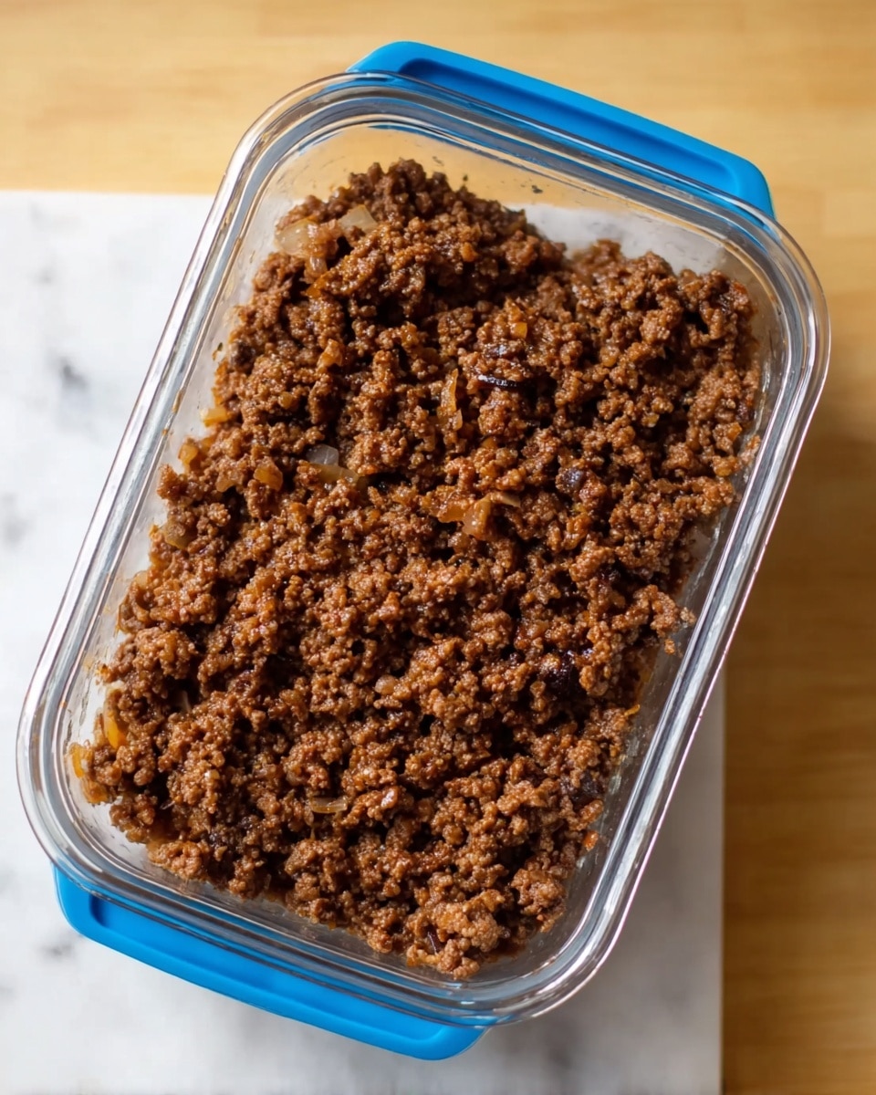 A clear glass rectangular container filled with cooked ground meat, showing a well-cooked, slightly oily, crumbly texture in dark brown color with small bits of onion mixed in. The container has a blue-edged white lid underneath it and is placed on a white marbled surface. photo taken with an iphone --ar 4:5 --v 7
