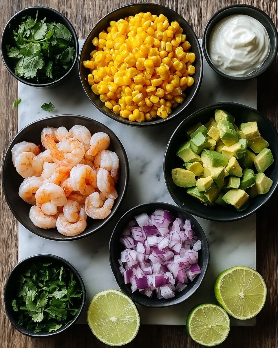 A white bowl filled with several grilled shrimp stacked in the center, showing charred textures and a light pink color, drizzled with a creamy white sauce and sprinkled with green herbs. To the left, arranged in a row, are sliced pieces of bright green avocado with the same white sauce on top. At the bottom and around the shrimp, there is a colorful mix of yellow corn, red onion, diced green peppers, and fresh chopped herbs. The bowl sits on a white marbled surface, and the photo is focused closely on the food, capturing a fresh, vibrant look. photo taken with an iphone --ar 4:5 --v 7