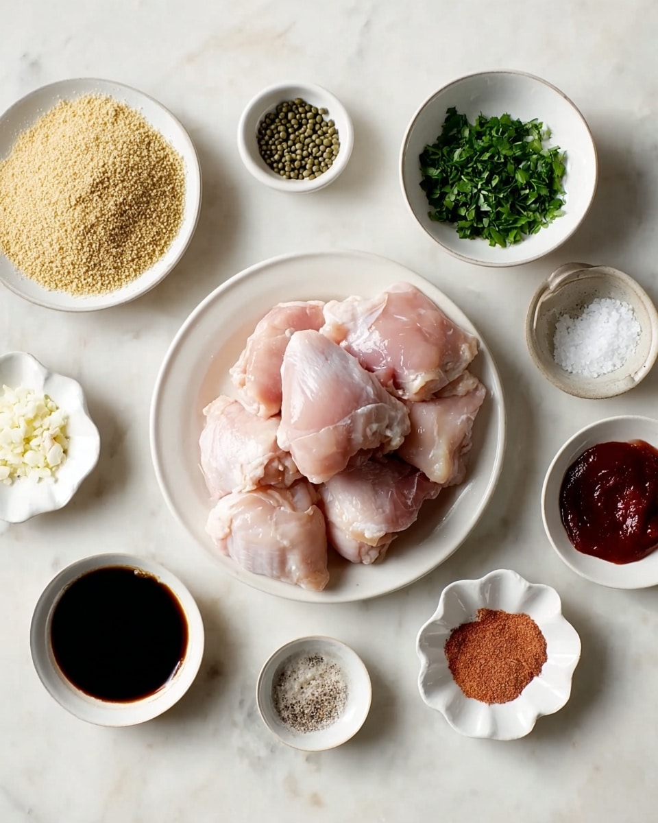A white plate sits in the center holding six pieces of raw light pink chicken thighs stacked in layers, showing smooth and slightly shiny textures. Surrounding the plate in a loose circular arrangement on a white marbled surface are ten small white bowls, each containing different ingredients: chopped green herbs in a white bowl at the top-center, a pile of golden brown breadcrumbs in a larger white bowl at the left-center, a dark soy or sauce in a small white bowl at the bottom-left, coarse salt and black pepper mix in a small white bowl above the chicken plate, finely minced garlic in another white bowl at the top-right, a mix of light beige and reddish powders in a scalloped white bowl next to the garlic, a dark red sauce in a small white bowl at the far right, and two tiny white bowls with green capers and salt pepper mix at the far left. The image is clear and bright, photo taken with an iphone --ar 4:5 --v 7