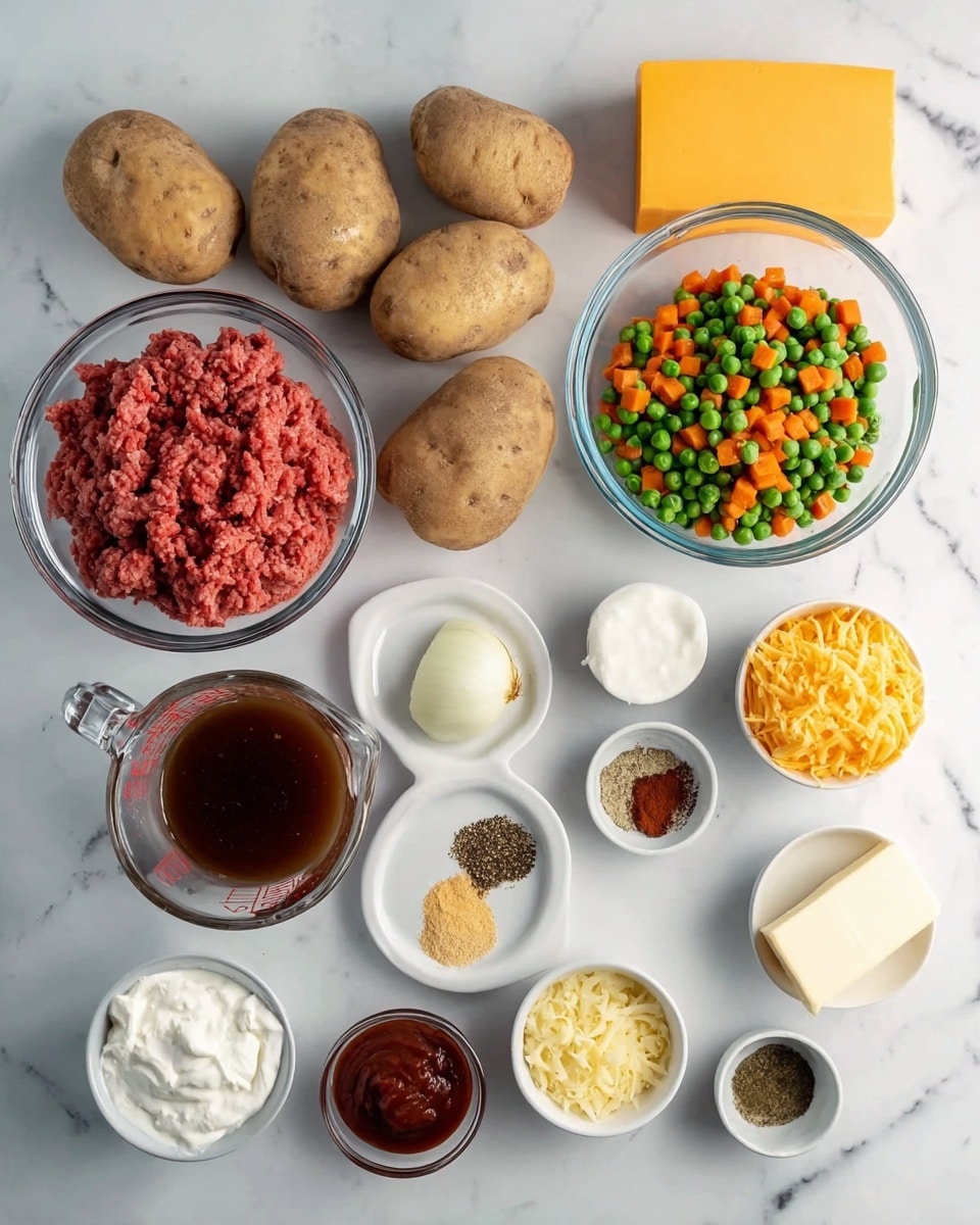 The image shows several ingredients arranged on a white marbled surface: five whole potatoes are placed on the top left; next to them is a clear round glass bowl filled with red ground meat. To the right is a clear glass measuring cup with mixed green peas and diced orange carrots. Below the potatoes, there is a clear glass measuring cup with dark brown broth. In the center, there is a small white dish with three dried spices arranged in three sections: light brown, dark brown, and greenish. To the right of the spices, there are three small bowls: one with minced light yellow garlic, one with dark red tomato paste, and one with a whole light brown onion. Below this row, there is a rectangular block of orange cheddar cheese. Along the bottom, moving left to right, there is a small bowl with white sour cream, a small white cup with dark liquid, a small white dish with a stick of pale yellow butter, and a small bowl with white powder. photo taken with an iphone --ar 4:5 --v 7
