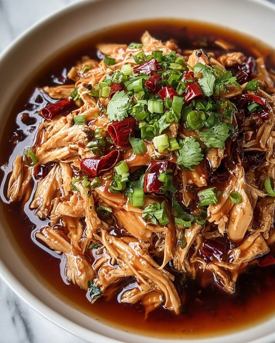 The image shows a close-up of shredded light brown chicken meat layered in the center of a white bowl, covered in a glossy dark brown sauce. Small chunks of red chili are scattered within the chicken, adding touches of deep red color. On top, there is a sprinkling of chopped green onions and cilantro, giving a fresh green contrast to the dish. The sauce pools at the bottom, surrounding the chicken, creating a rich and moist look. The bowl is set on a white marbled surface. Photo taken with an iphone --ar 4:5 --v 7