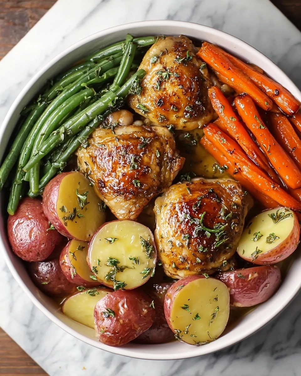 A white bowl filled with three golden-brown roasted chicken thighs placed roughly in the middle and bottom right, surrounded by halved red potatoes with a light yellow inside, glossy and seasoned with herbs. On the top right, a bunch of cooked orange baby carrots lay flat, and on the top left, slender green beans are arranged side by side. The whole dish is covered with a shiny glaze and sprinkled with finely chopped green herbs. The white bowl sits on a white marbled surface. photo taken with an iphone --ar 4:5 --v 7