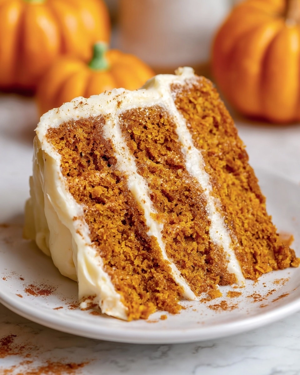 A close-up of a three-layer pumpkin cake slice on a white plate, each layer is a deep orange color with a moist, crumbly texture, separated by creamy, thick white frosting that slightly spills out between the layers and also covers the top and sides of the slice; the background has small orange pumpkins and a white marbled surface with scattered brown spice powder visible around the plate photo taken with an iphone --ar 4:5 --v 7