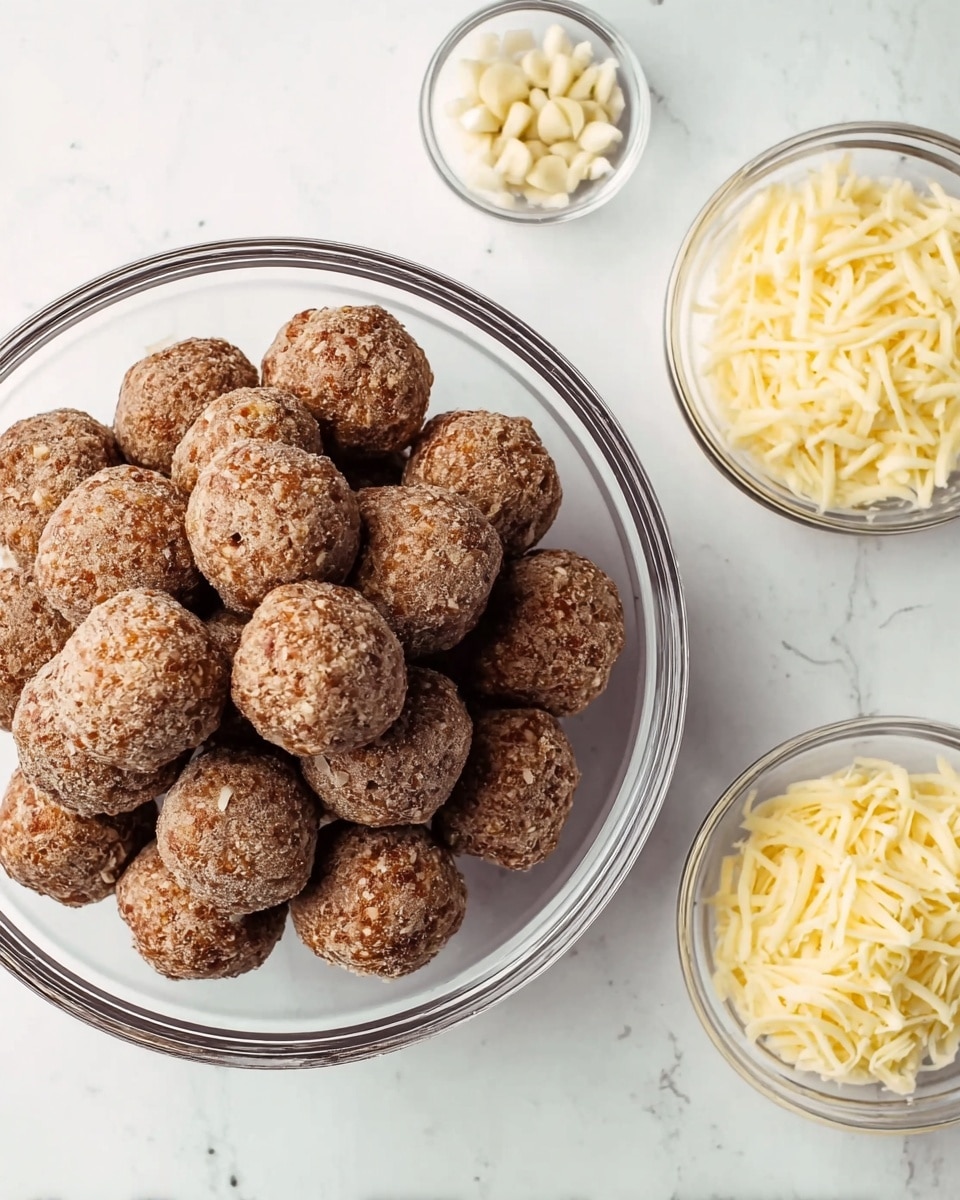 The image shows a clear glass bowl full of round, brown meatballs with a rough texture, stacked on top of each other. To the right of the bowl, there are two smaller glass bowls; one contains small minced garlic pieces, and the other is filled with shredded pale yellow cheese. The background is a white marbled surface. photo taken with an iphone --ar 4:5 --v 7