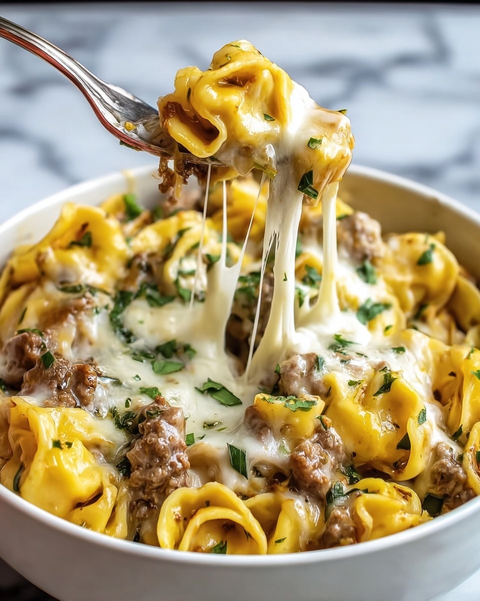 This image shows a close-up of a yellow pasta dish in a white bowl, with layers of curled pasta mixed with chunks of browned meat and topped with melted white cheese stretching as a fork lifts a portion. Small green herb pieces are sprinkled on top, adding a fresh color contrast. The pasta looks soft and coated in creamy cheese, with the meat scattered evenly throughout. The background is a white marbled surface. photo taken with an iphone --ar 4:5 --v 7